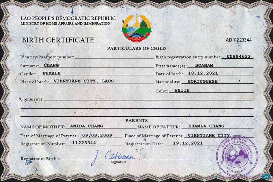 Download Laos birth certificate PSD template Photoshop template